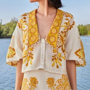 NWT Farm Rio Off-White Aura Floral Blouse XS yellow white cream button collar XS